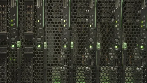 Close-up lockdown shot of lights blinking on cloud computing system in server Stock Footage 129210059