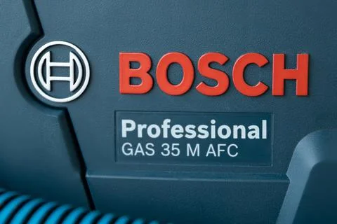 Close-up of logo Bosch professional construction vacuum cleaner gas 35 n afc Stock Photos