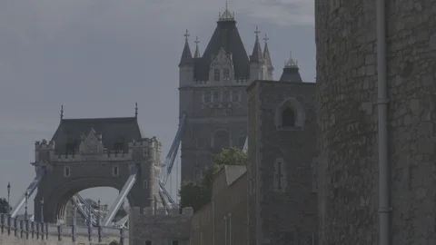 Close up of the London Bridge from inside the Tower of London Stock Footage 98694260