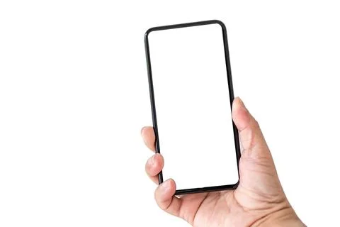 Close-up, lonely, selective focus hand holding a smartphone with a white sc.. Stock Photos