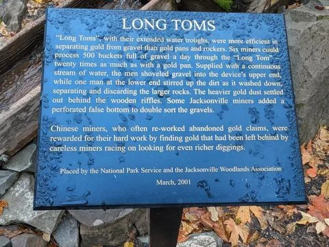 Close-up of “Long Toms” sign explaining gold mining technology Stock Photos