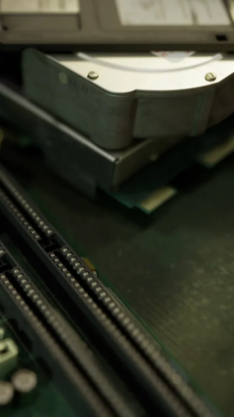Close look at computer hardware showing circuit board and components Stock Footage 334198506