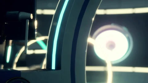 Close look at a device inside a sci fi themed setting with glowing lights Stock Footage 344991398