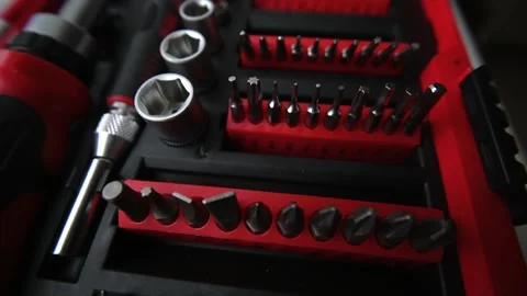 A close up look at a full tool set with various attachments and bits organi.. Stock Footage 339404325
