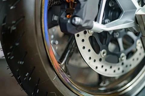 Close look at a high-performance motorcycle brake system with detailed comp.. Stock Photos