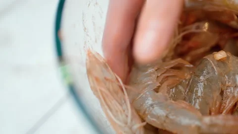 Close-up look of mixing and marinating a bunch of shrimps/prawns in 4k. Stock Footage 138285945