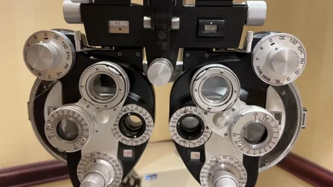 Close look on phoropter machine used for eye examination and glasses tests in op Stock Footage 180489174