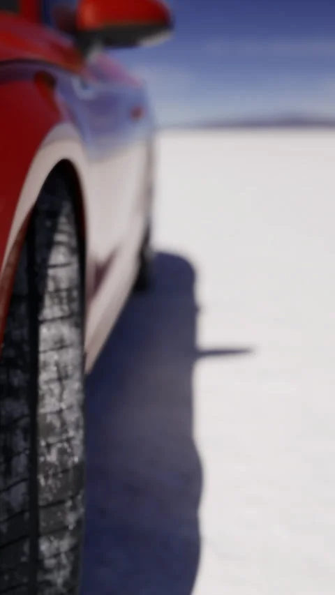 Close look at a red car tire on a salt flat during bright daylight Stock Footage 334170978