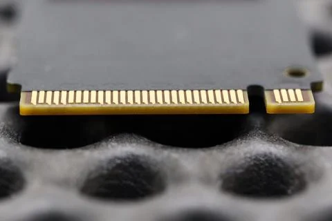 Close look at SDD connector on electronic component at technical site Stock Photos