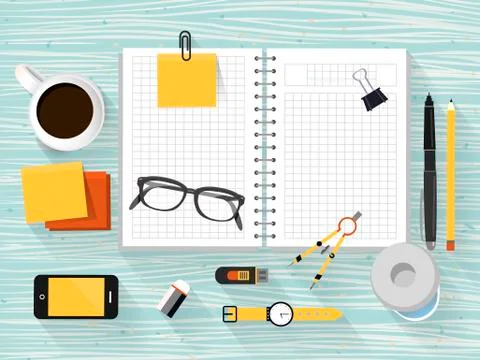 Close up look at workplace objects in flat design Illustrazione stock