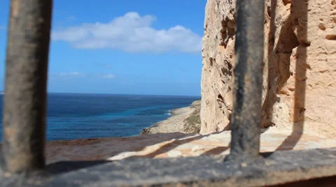 Close-up -looking at sea through bars with seagul Stock Footage 33631250