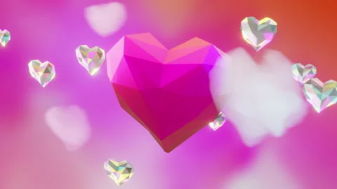 Close Up loop rotating crystal loop heart and many small flying hearts. Stock Footage 169110077