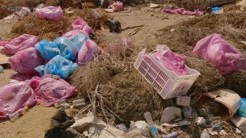 Close-up of lot of plastic and other garbage thrown in desert near hotels of Stock Footage 327458904