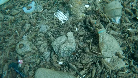 Close up of a lot plastic debris at the bottom of sea in a crevice between Stock Footage 255112603