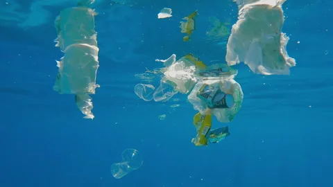 Close-up, A lot of plastic debris floating under surface in turquoise water Vídeo Stock 331105084