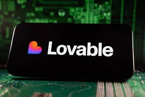 Close up of Lovable logo on device with circuit board background. Toronto, Stock Photos