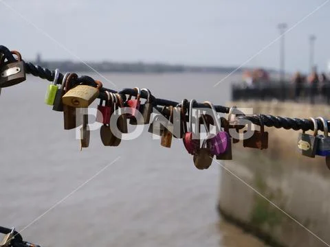 Close up love locks on chain Stock Photos
