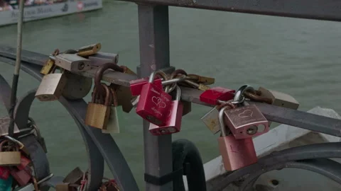 Close-up of Love Locks on a Pedestrian Bridge in Frankfurt, Germany Stock Footage 340396188