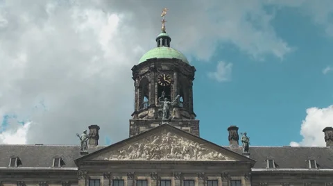Close Up Low Angle of Royal Palace in Amsterdam, the Netherlands Stock Footage 38566298