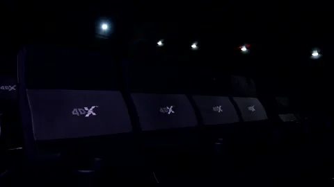 Close up low angle shot on cinema movie theater comfortable black chair row movi Stockbeeldmateriaal 138774196