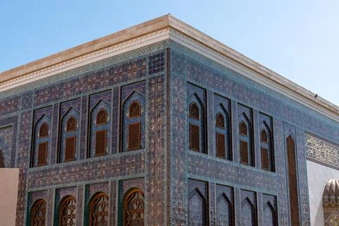 Close-up low-angle symmetrical architectural corner view of the Katara Mosque. Stock Photos