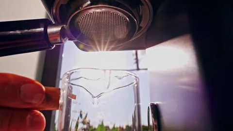 Close Up Low Angle View Positioning Glass Cup Under Group Head Before Extraction Stock Footage 331024706