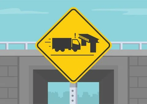 Close-up of low clearance or bridge ahead sign on a concrete bridge background Stock Illustration
