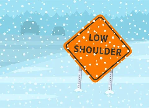 Close-up of a "low shoulder" orange road sign. Snowy and icy road. Winter season Stock Illustration
