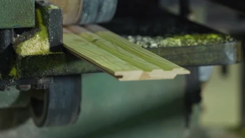Close Up Of Lumber Plank Processing By Automated Manufacturing Equipment Stock Footage 208417518