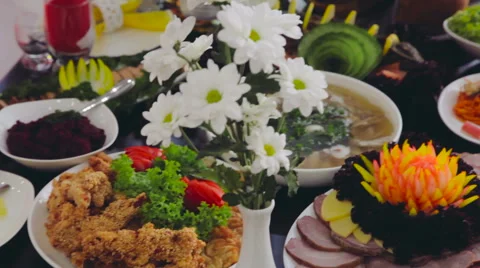 Close up luxurious table full of food. Served tables in restaurant. 動画素材 63789669