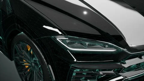 Close-up of Luxury Car Headlight with Digital Wireframe Blueprint Stock Footage 321999907