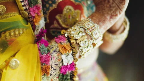 Close-up of luxury wedding bracelets and jewelry. Indian Bride's Outfit Stock Footage 240319944