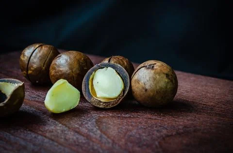 Close-Up Of Macadamia Nuts On Table Stock Photos
