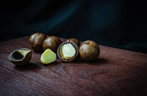 Close-Up Of Macadamia Nuts On Table Stock Photos