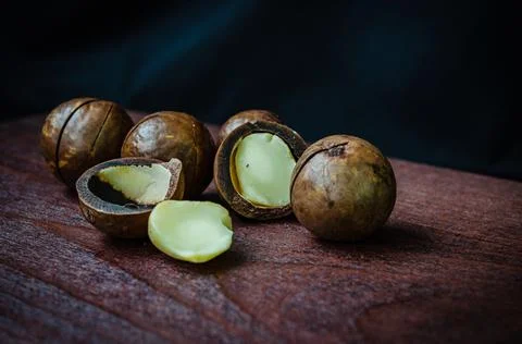 Close-Up Of Macadamia Nuts On Table Stock Photos