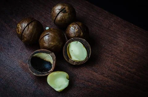 Close-Up Of Macadamia Nuts On Table Stock Photos