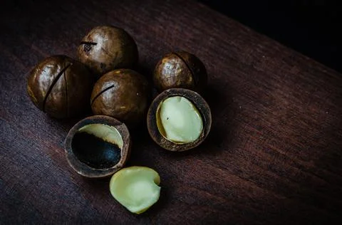 Close-Up Of Macadamia Nuts On Table Stock Photos