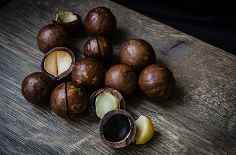 Close-Up Of Macadamia Nuts On Table Stock Photos
