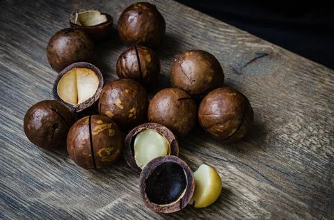 Close-Up Of Macadamia Nuts On Table Stock Photos