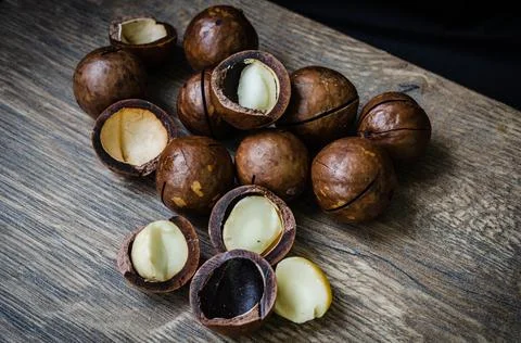 Close-Up Of Macadamia Nuts On Table Stock Photos