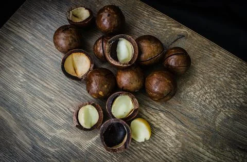 Close-Up Of Macadamia Nuts On Table Stock Photos