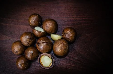 Close-Up Of Macadamia Nuts On Table Stock Photos