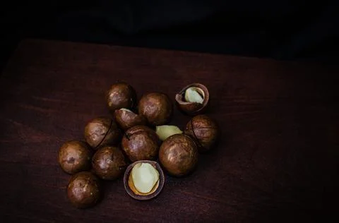 Close-Up Of Macadamia Nuts On Table Stock Photos