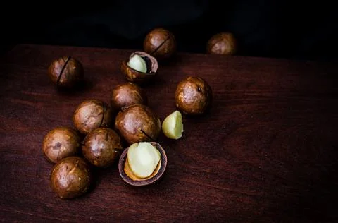 Close-Up Of Macadamia Nuts On Table Stock Photos