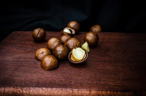 Close-Up Of Macadamia Nuts On Table Stock Photos