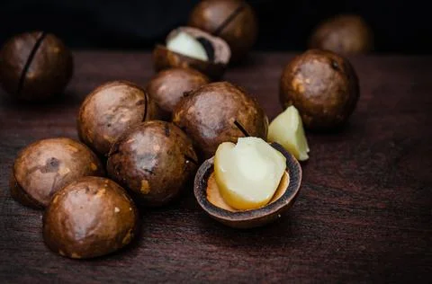 Close-Up Of Macadamia Nuts On Table Stock Photos