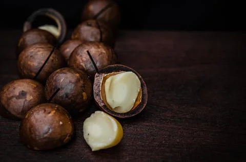 Close-Up Of Macadamia Nuts On Table Stock Photos
