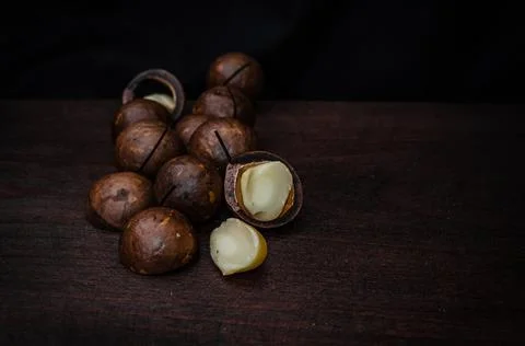 Close-Up Of Macadamia Nuts On Table Stock Photos