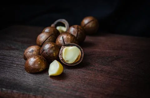 Close-Up Of Macadamia Nuts On Table Stock Photos