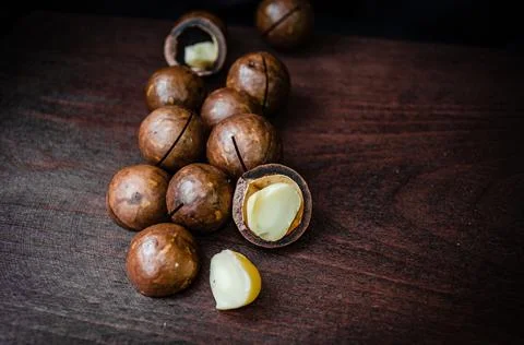 Close-Up Of Macadamia Nuts On Table Stock Photos